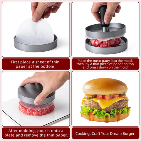 Yunzt patty papers pack enables clean, mess-free patty formation.