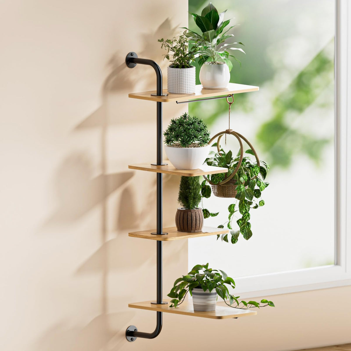 YUOROS window shelf 4-tier rotating shown with sunlit plants for space-saving display