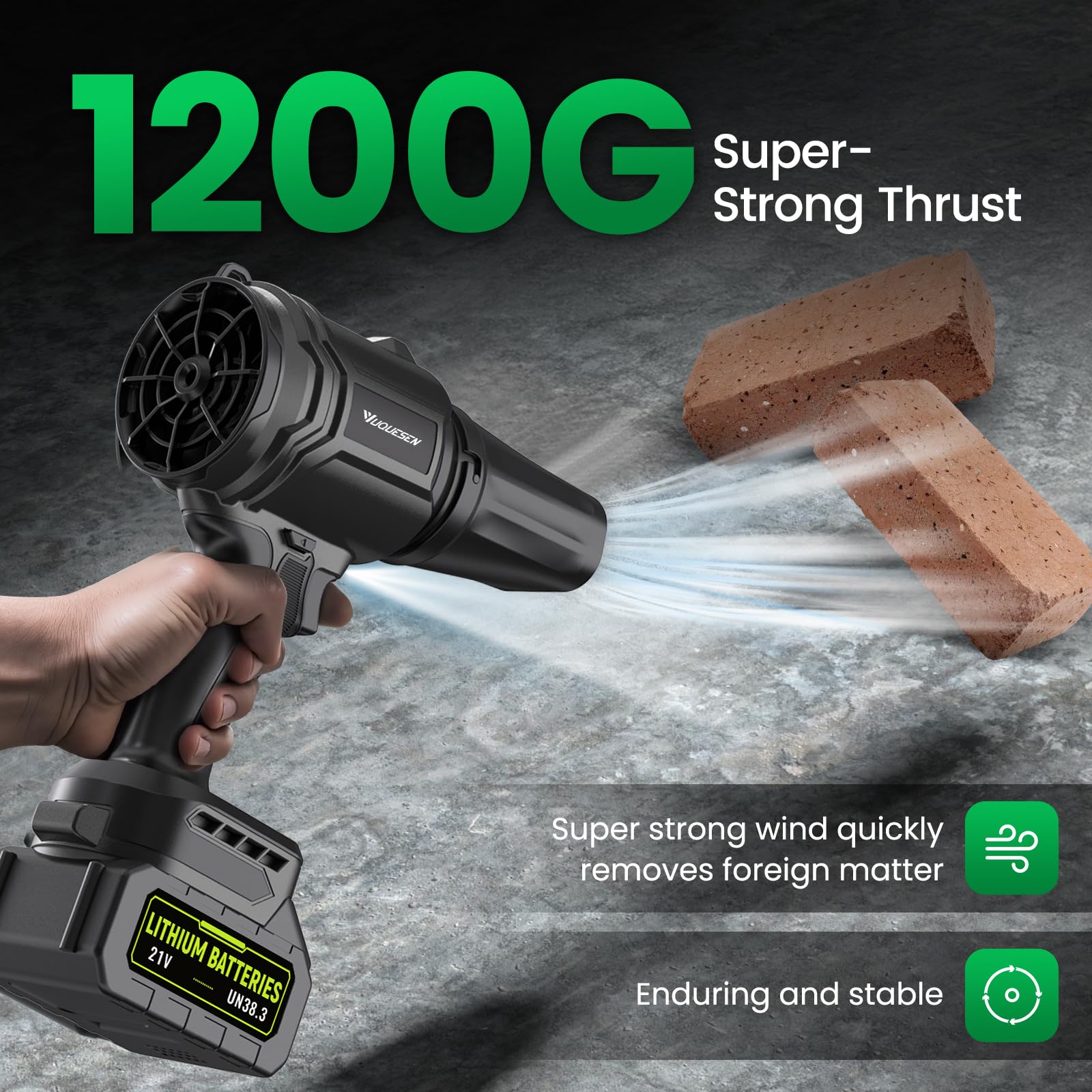 YUQUESEN cordless blower with precision nozzle for tight spaces and flower beds.