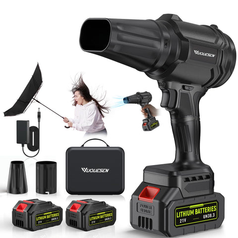 YUQUESEN cordless leaf blower with turbo motor delivers high airflow for rapid yard cleanup.