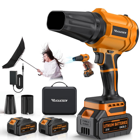 YUQUESEN cordless leaf blower with turbo power for fast lawn cleanup.