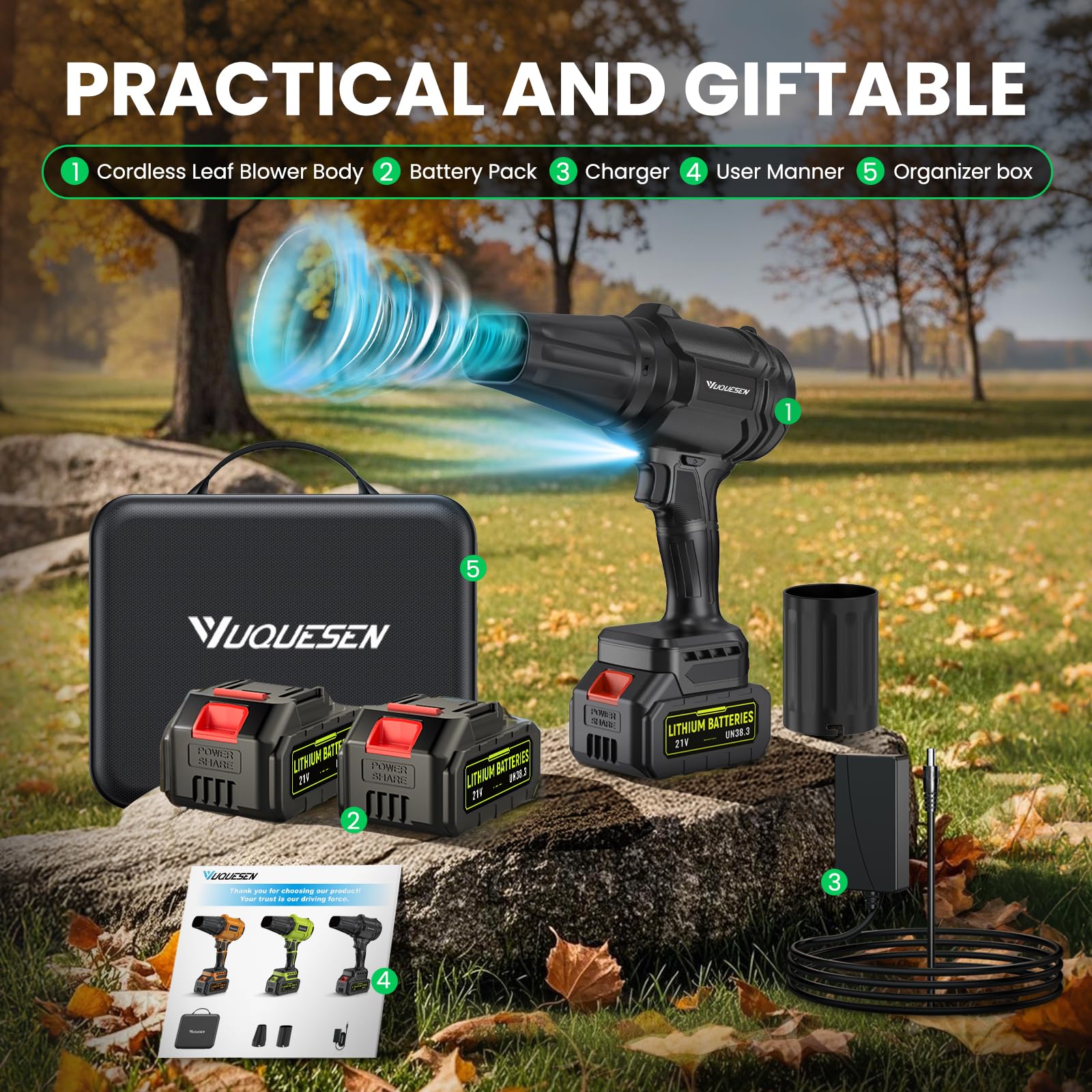 YUQUESEN blower clears dust, snow, and debris from cars and patios.