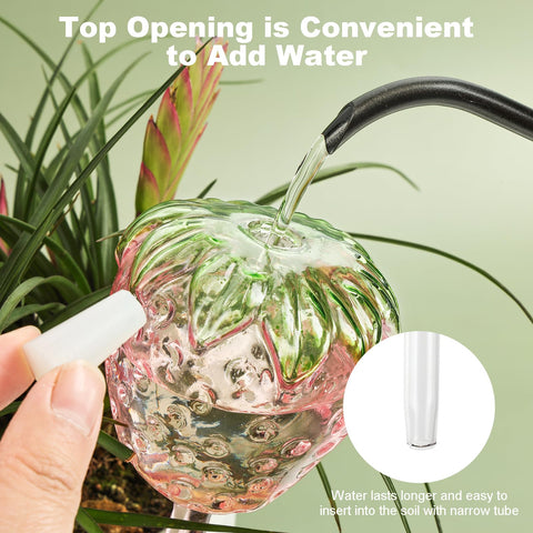 Yurucenus strawberry glass watering globe side view shows clear borosilicate glass
