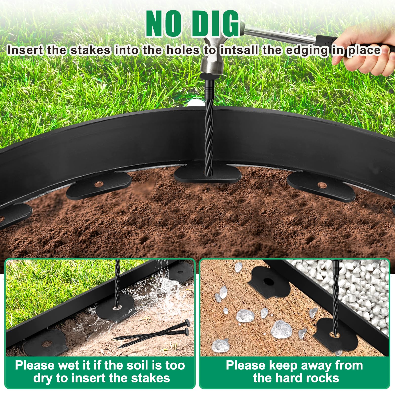 YUYIUS no-dig installation setup with edging and stakes
