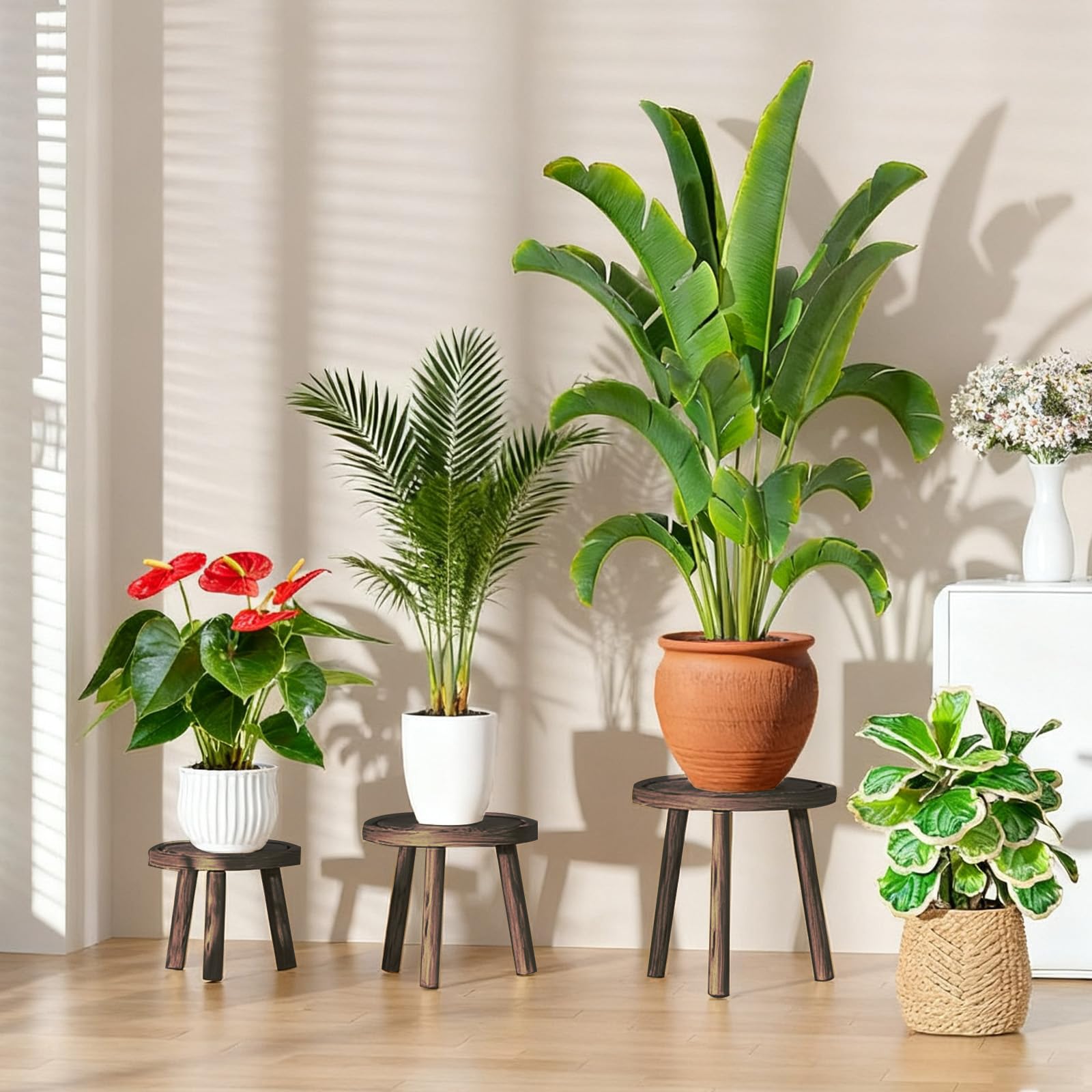 YUZUKYAUY mid-century modern wooden plant stand set enhances living spaces