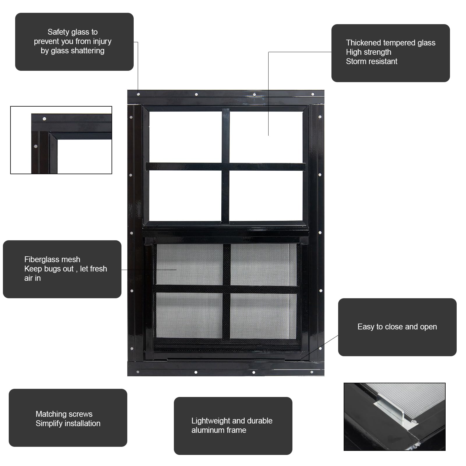 Yuzzy fiberglass screen window keeps insects out while allowing a breeze.