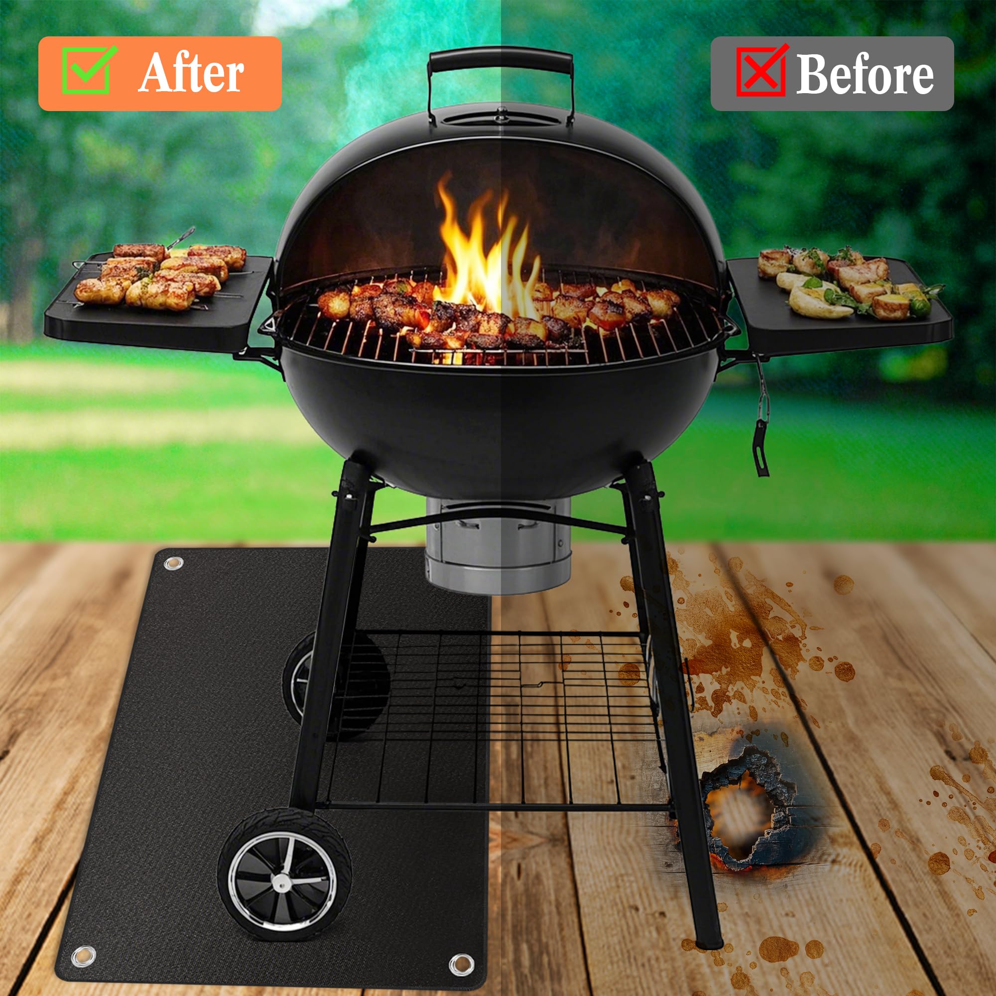 65 by 45 inch patio mat sits under grill to stop stains on the deck.