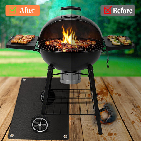 65 by 45 inch patio mat sits under grill to stop stains on the deck.