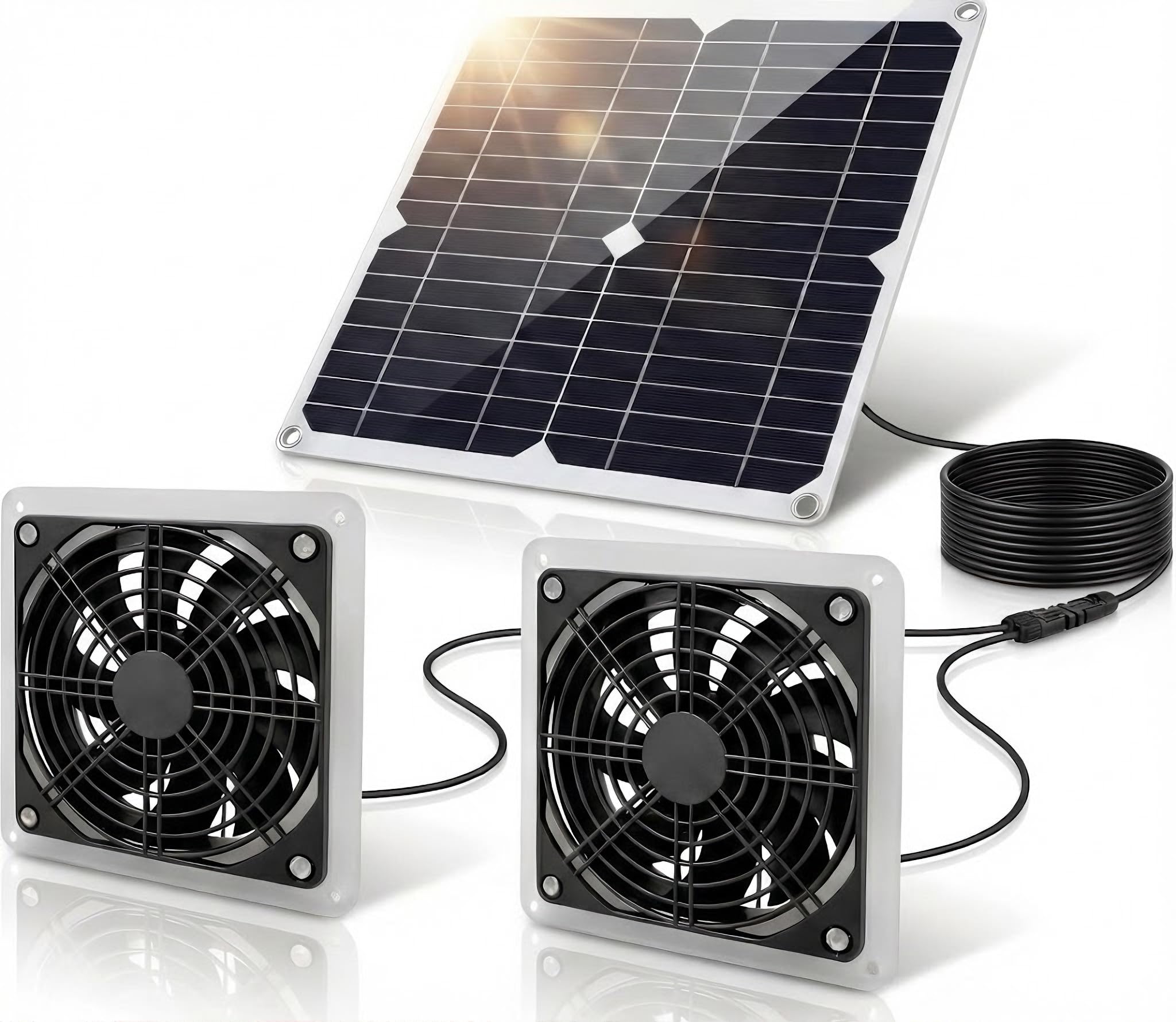 YWMVCM 25W solar panel powering off-grid ventilation for coops.