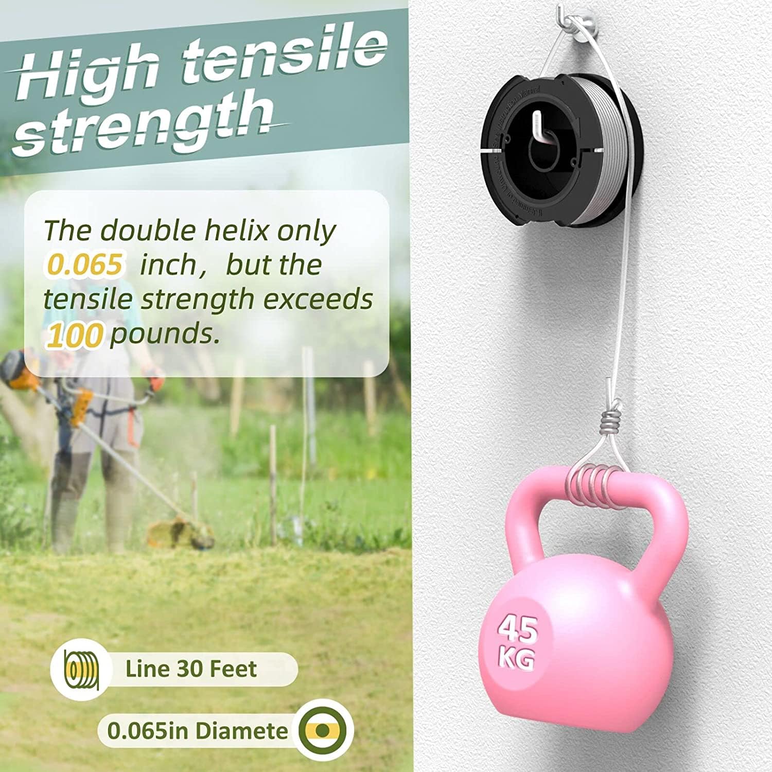 Nylon line with tensile strength hinting at long-lasting performance.