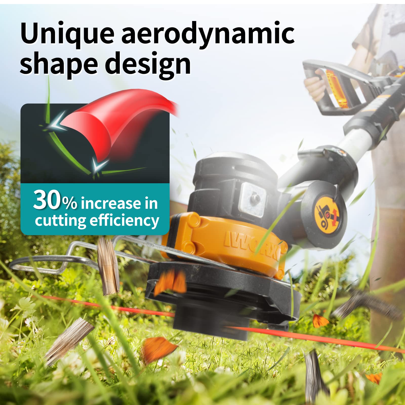 YWTESCH Worx spool line durability shot emphasizes long-lasting mowing performance