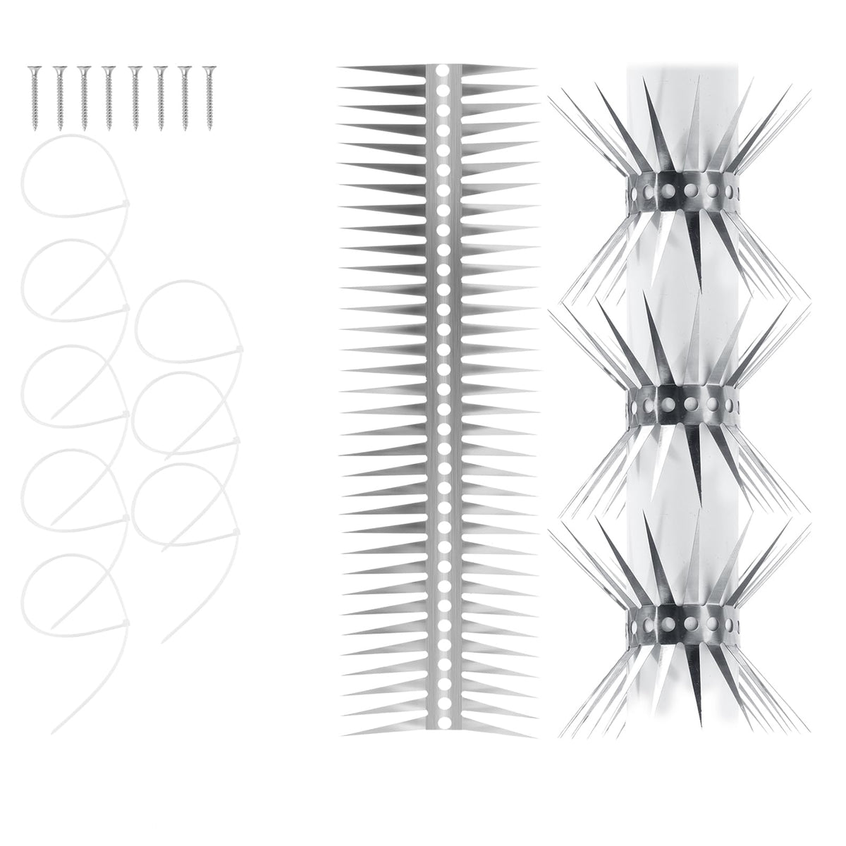 YXYBST bird spikes on stainless steel base deter pigeons from perching near pipes.