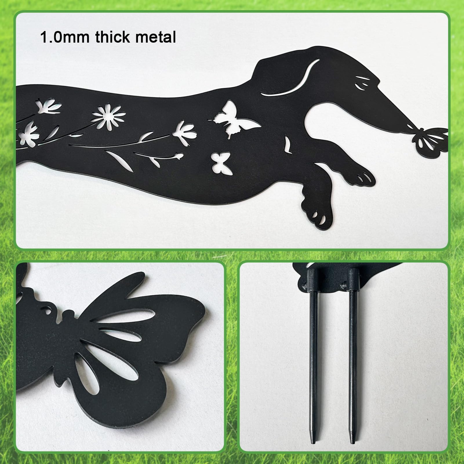 YY Gardenia black metal dachshund garden art adds timeless appeal.