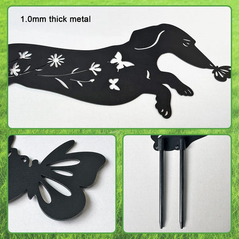 YY Gardenia black metal dachshund garden art adds timeless appeal.