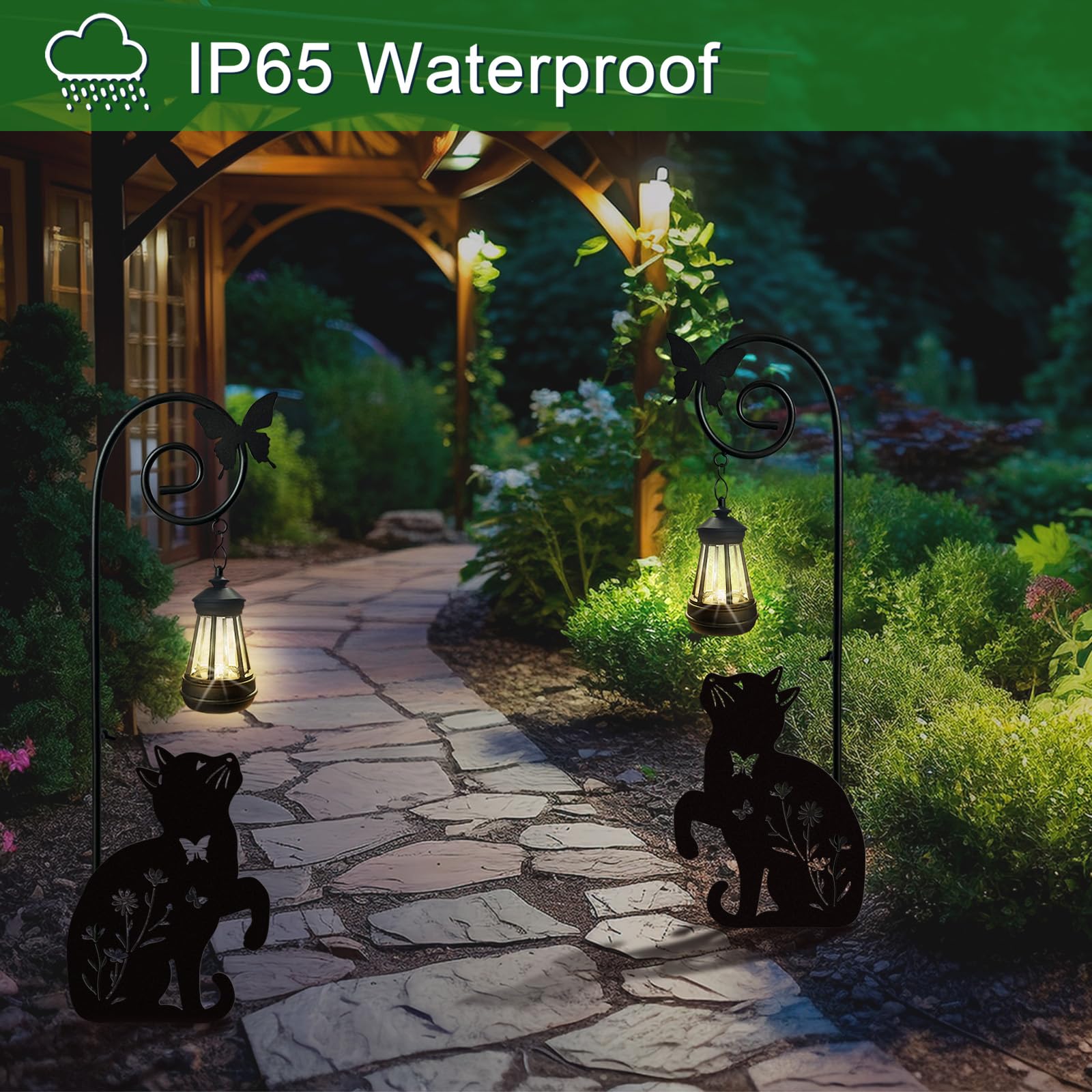 YY Gardenia cat stake along walkway, offering subtle night illumination.