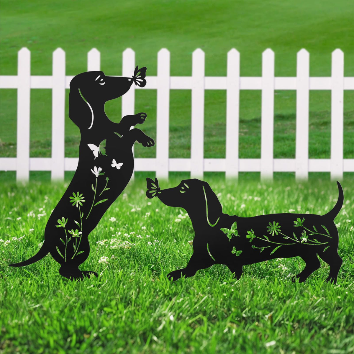 YY Gardenia dachshund garden stake with floral silhouette for outdoor decor.