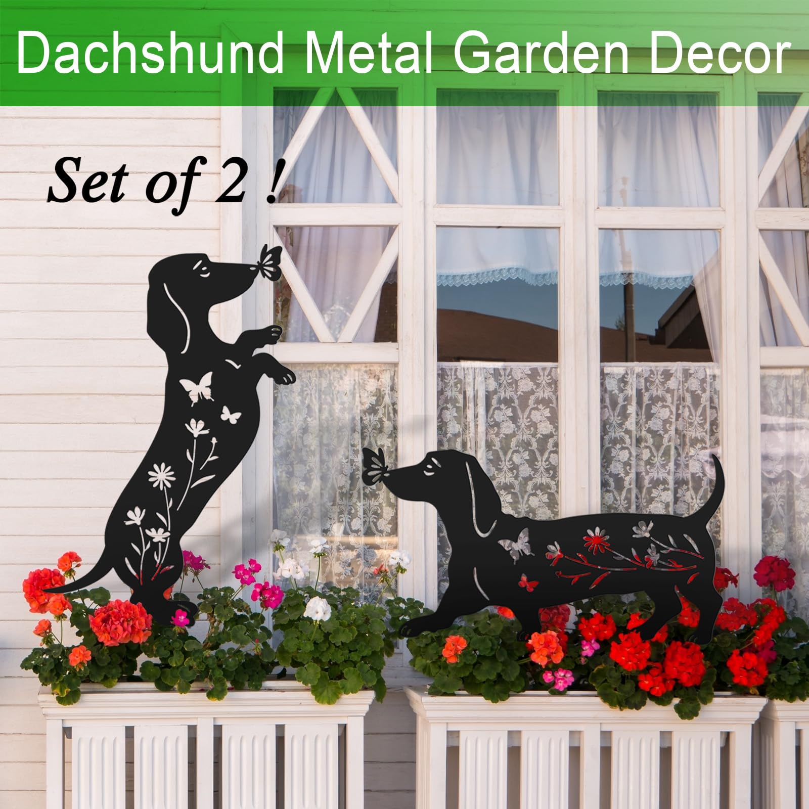 YY Gardenia dachshund garden stake pair for yard display and walkway charm.
