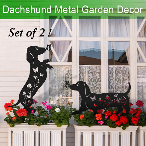 YY Gardenia dachshund garden stake pair for yard display and walkway charm.