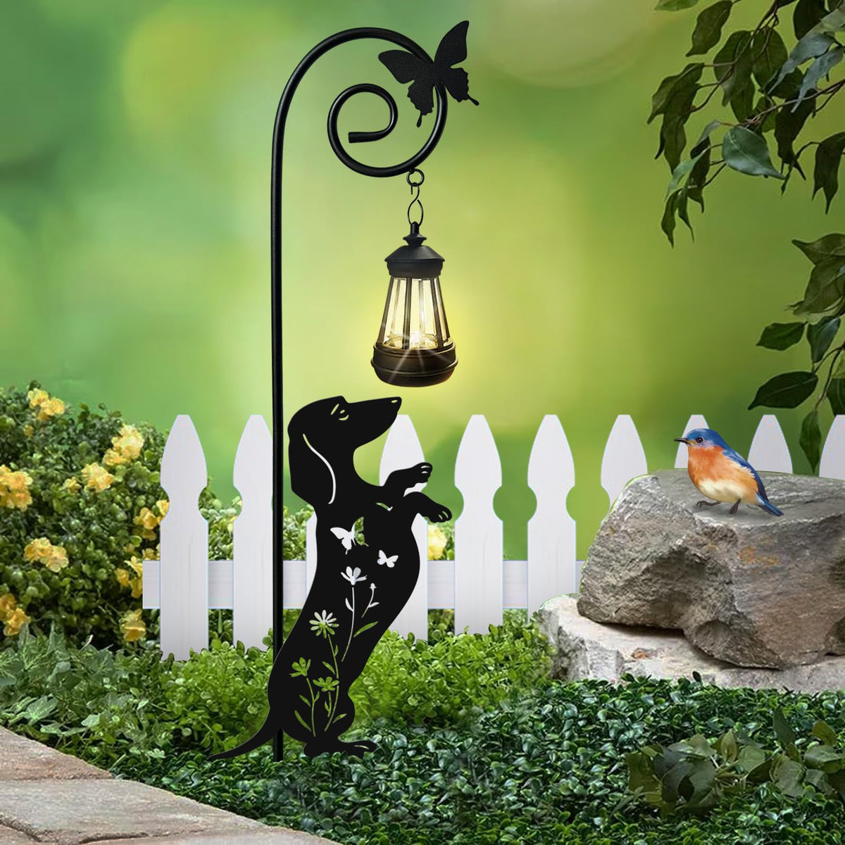 YY Gardenia dachshund solar lantern stake lights pathways with warm ambience.