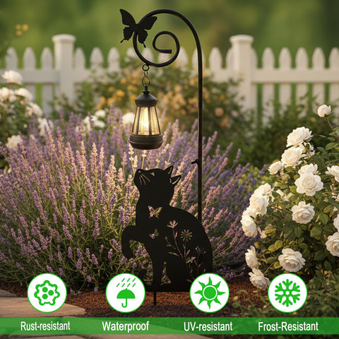 YY Gardenia metal cat stake, dark finish for outdoor charm.