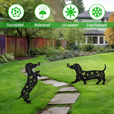 YY Gardenia metal dachshund statue suitable as a garden accent.
