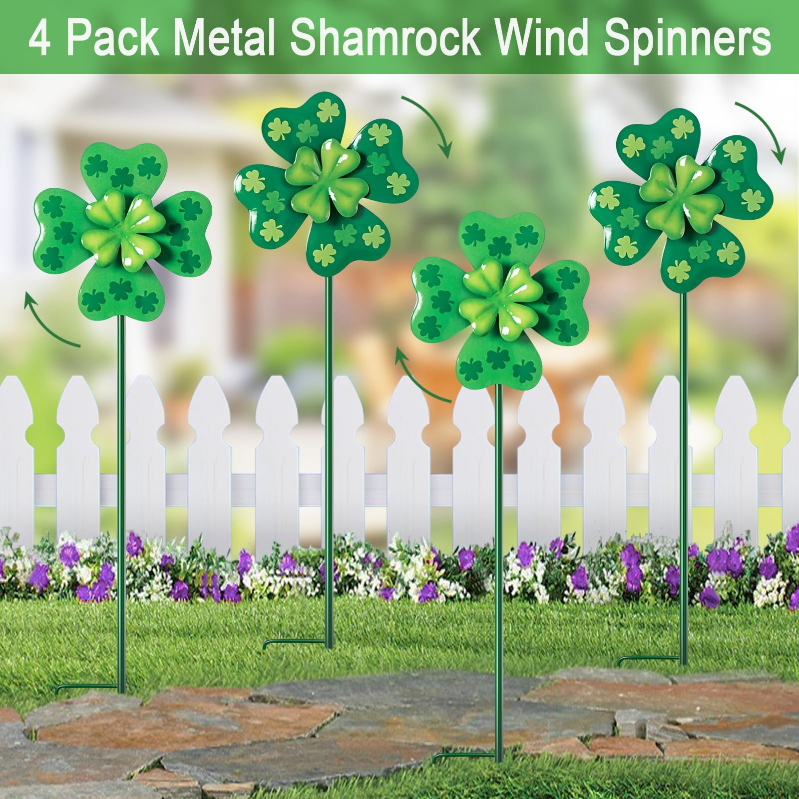 YY Gardenia shamrock wind spinner yard art in metal for durable lawn accents.