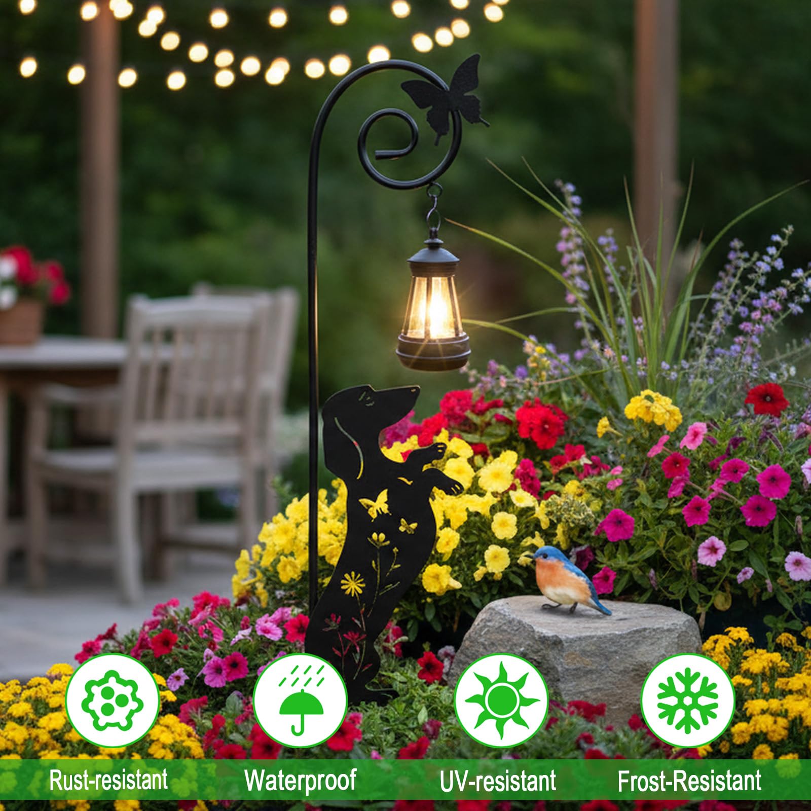 YY Gardenia solar dog statue garden decor glows at dusk for cozy yards.