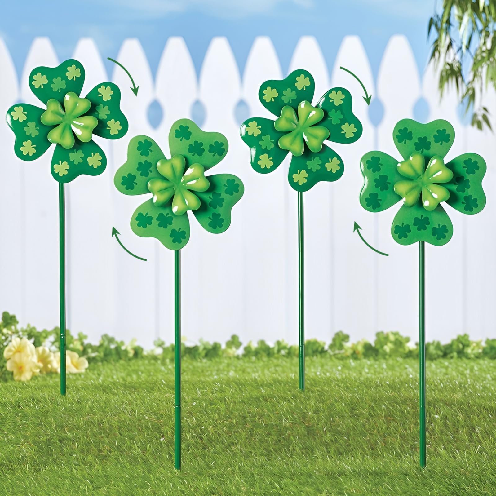 YY Gardenia wind spinner shamrock 4-pack brightens outdoor decor with festive movement.