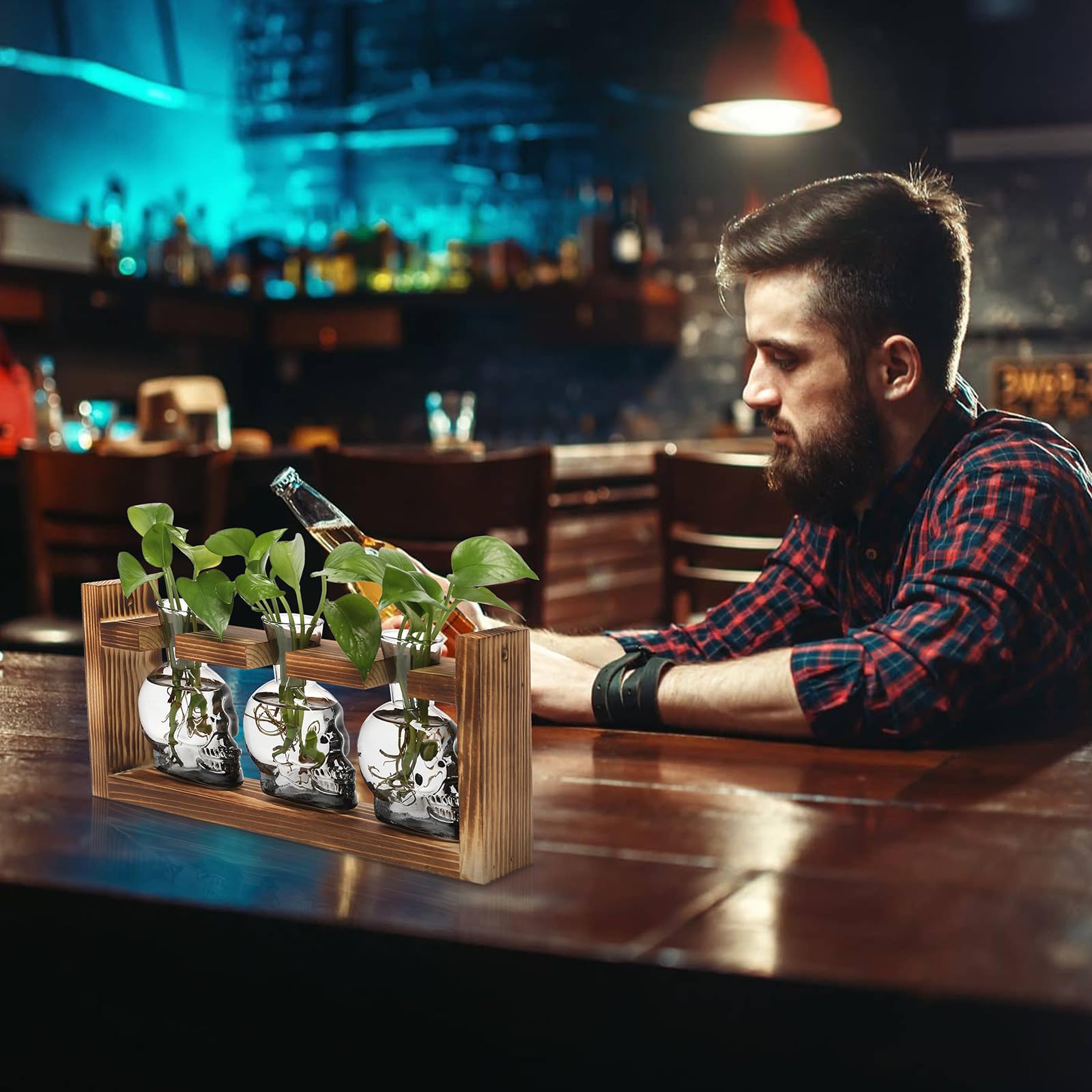 YYHglass propagation bottles on wooden stand for creative terrarium setups