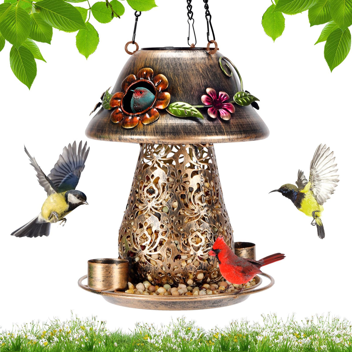YYWMWM mushroom solar bird feeder outdoor brown hanging, spacious seed tray attracts small birds.