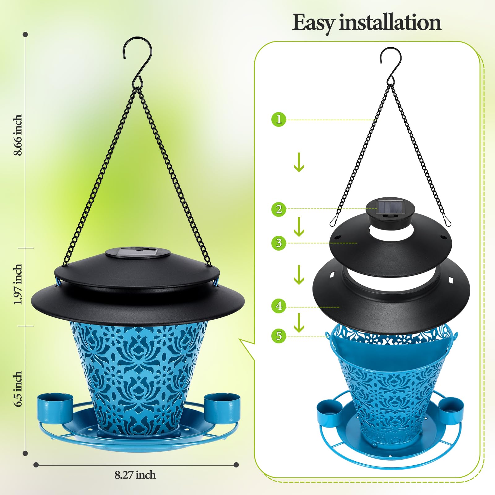 YYWMWM solar bird feeder front view in blue, an attractive focal point for garden birds.