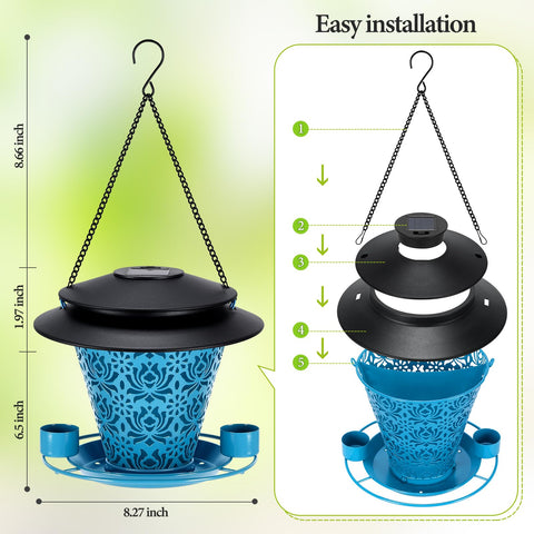 YYWMWM solar bird feeder front view in blue, an attractive focal point for garden birds.