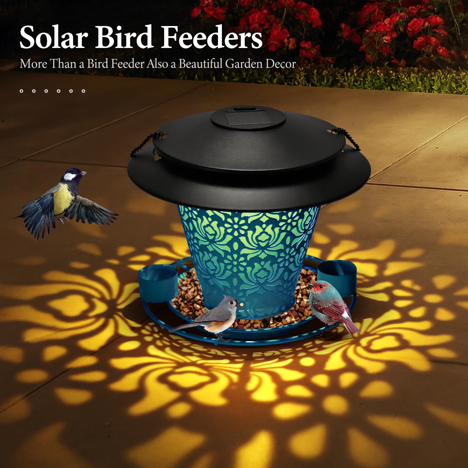 YYWMWM solar bird feeder hollow-out design for quick seed level checks.