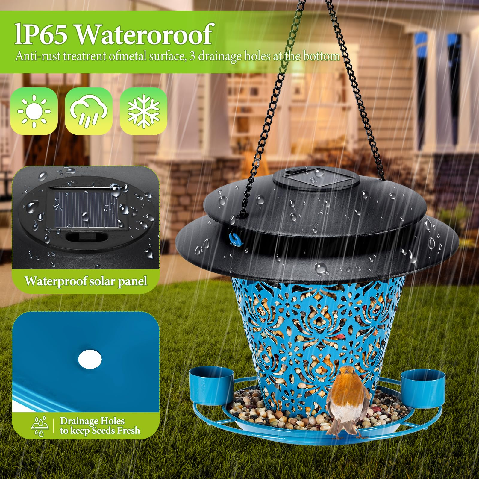 YYWMWM solar bird feeder illuminated at night, adding subtle garden lighting.