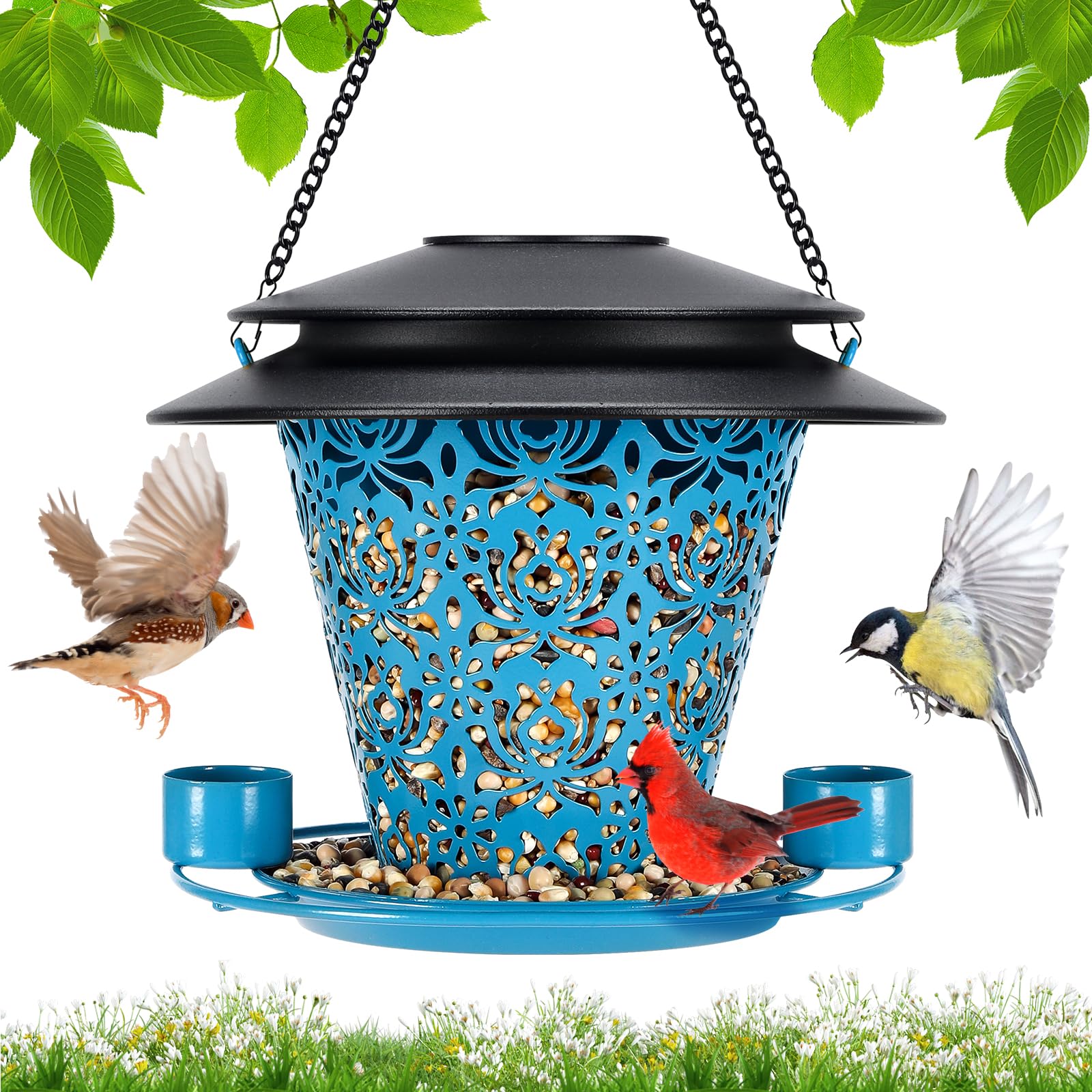 YYWMWM solar bird feeder hanging outdoors in blue, weatherproof and easy to refill.