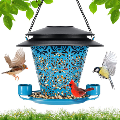 YYWMWM solar bird feeder hanging outdoors in blue, weatherproof and easy to refill.