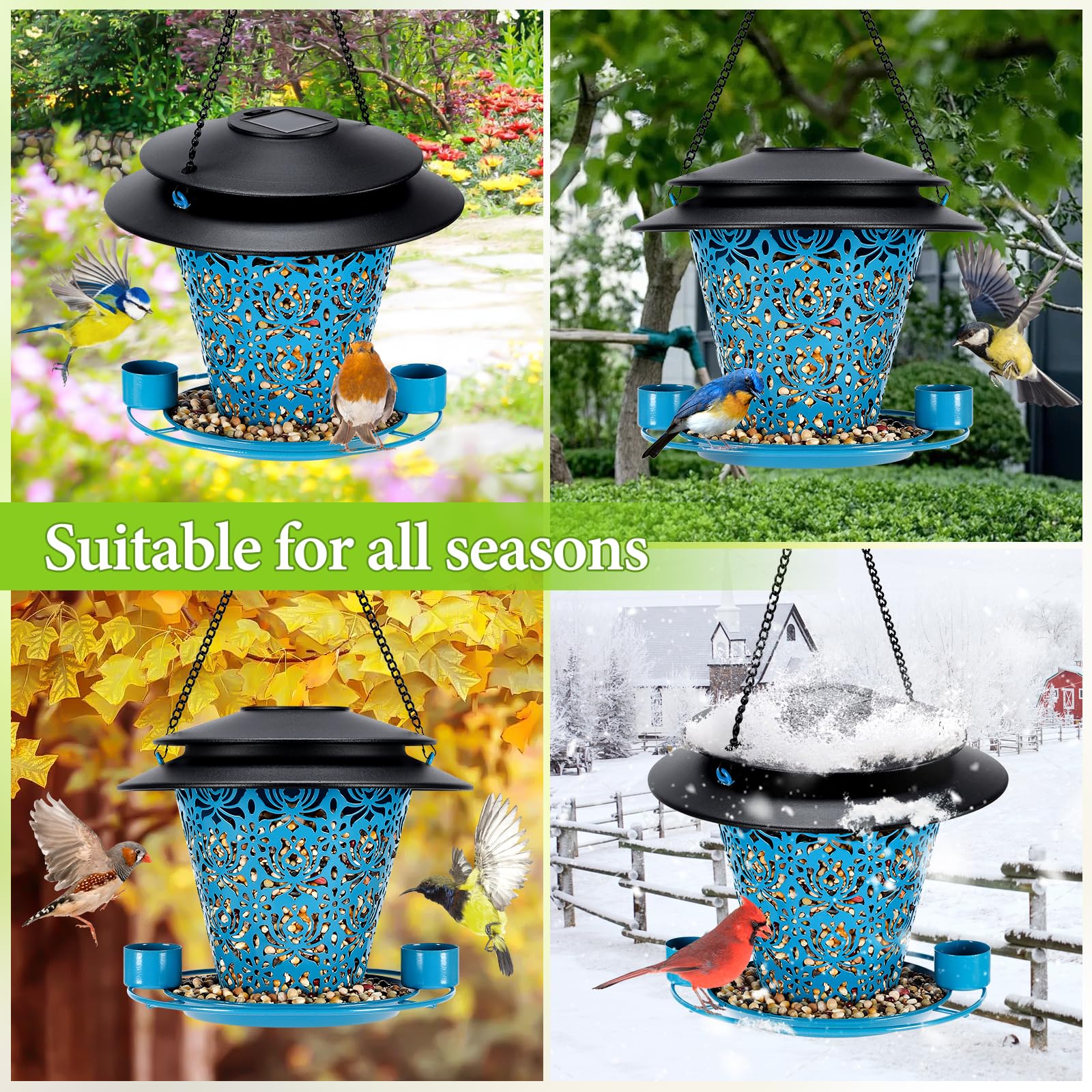 YYWMWM solar bird feeder squirrel-resistant metal construction protects feed.