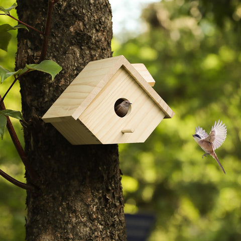 YYYUAN cedar wood birdhouse compact size ideal for patios.