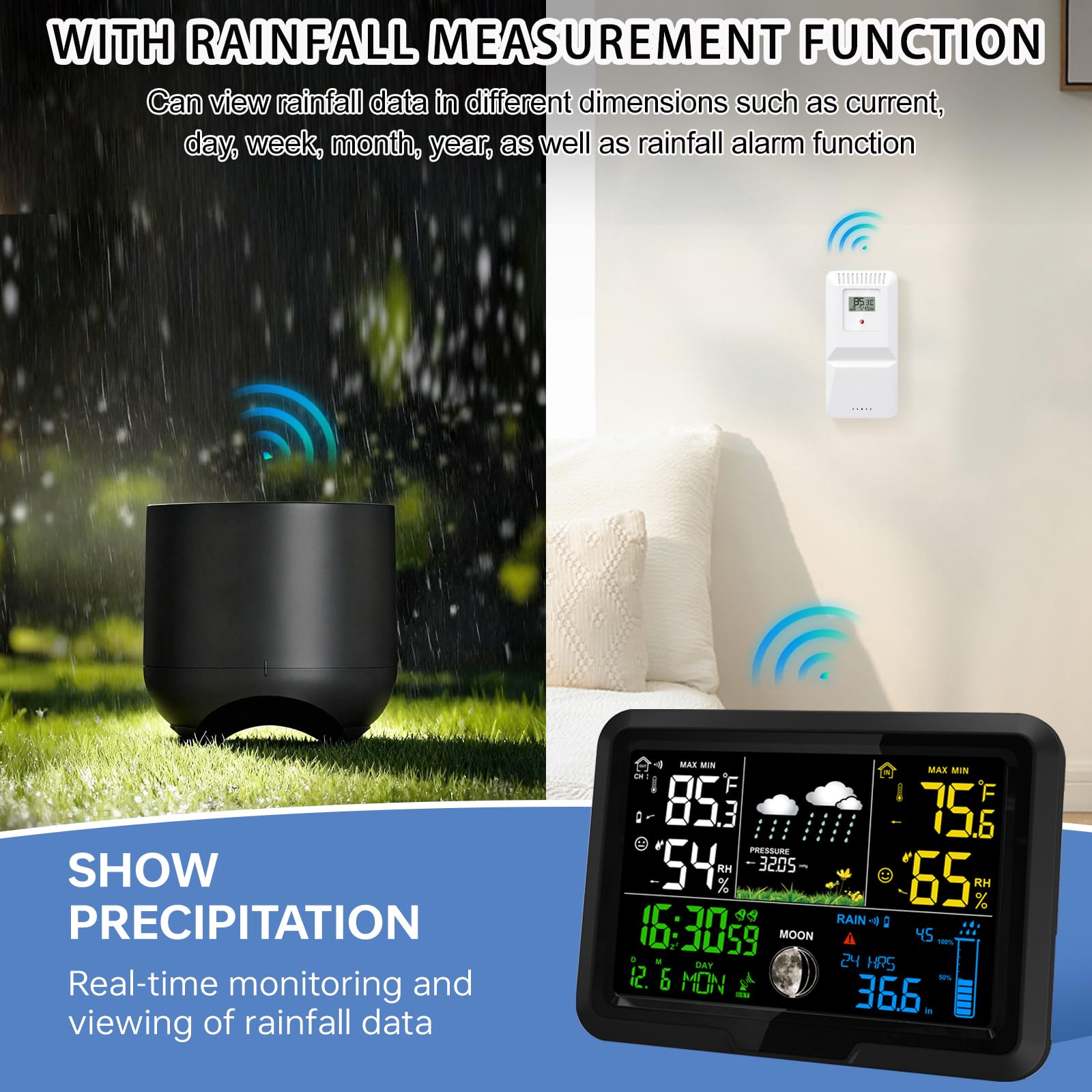 YZDTECH home weather station color display shows indoor and outdoor climate data.
