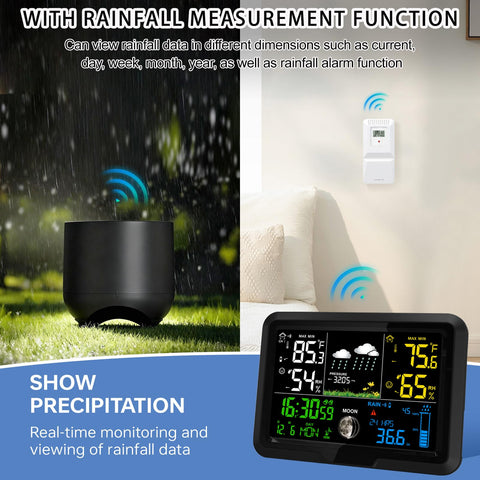 YZDTECH home weather station color display shows indoor and outdoor climate data.