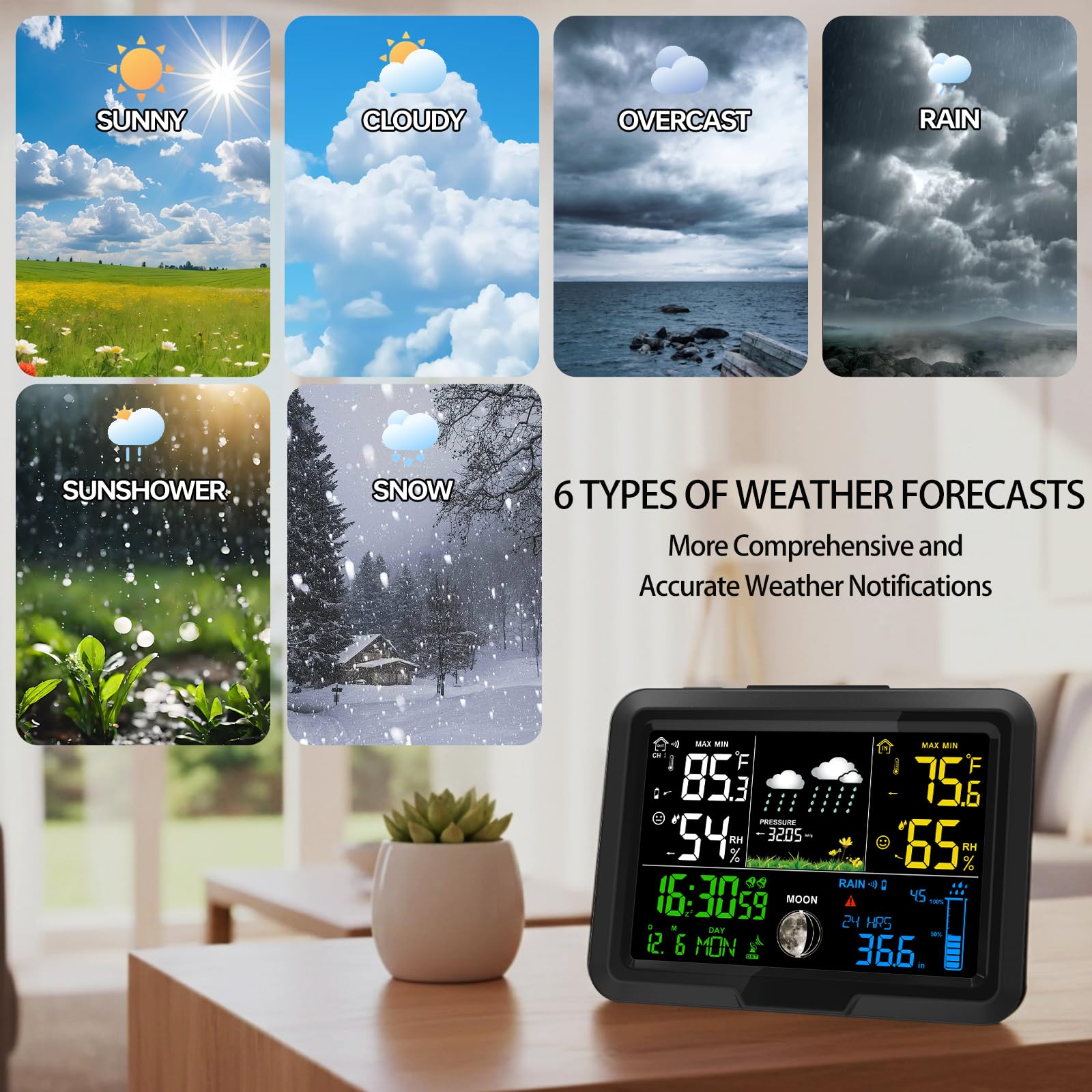 YZDTECH moon phase display helps track tides and outdoor planning.