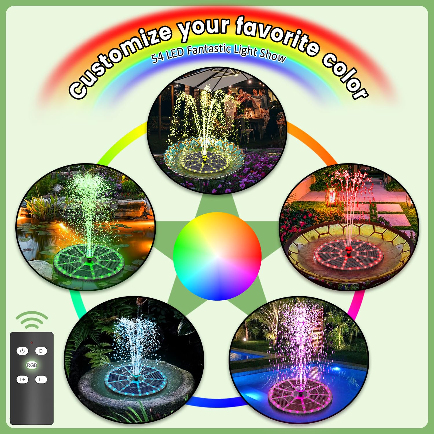 Yzert 54 LEDs illuminate a garden fountain at night with colorful glow