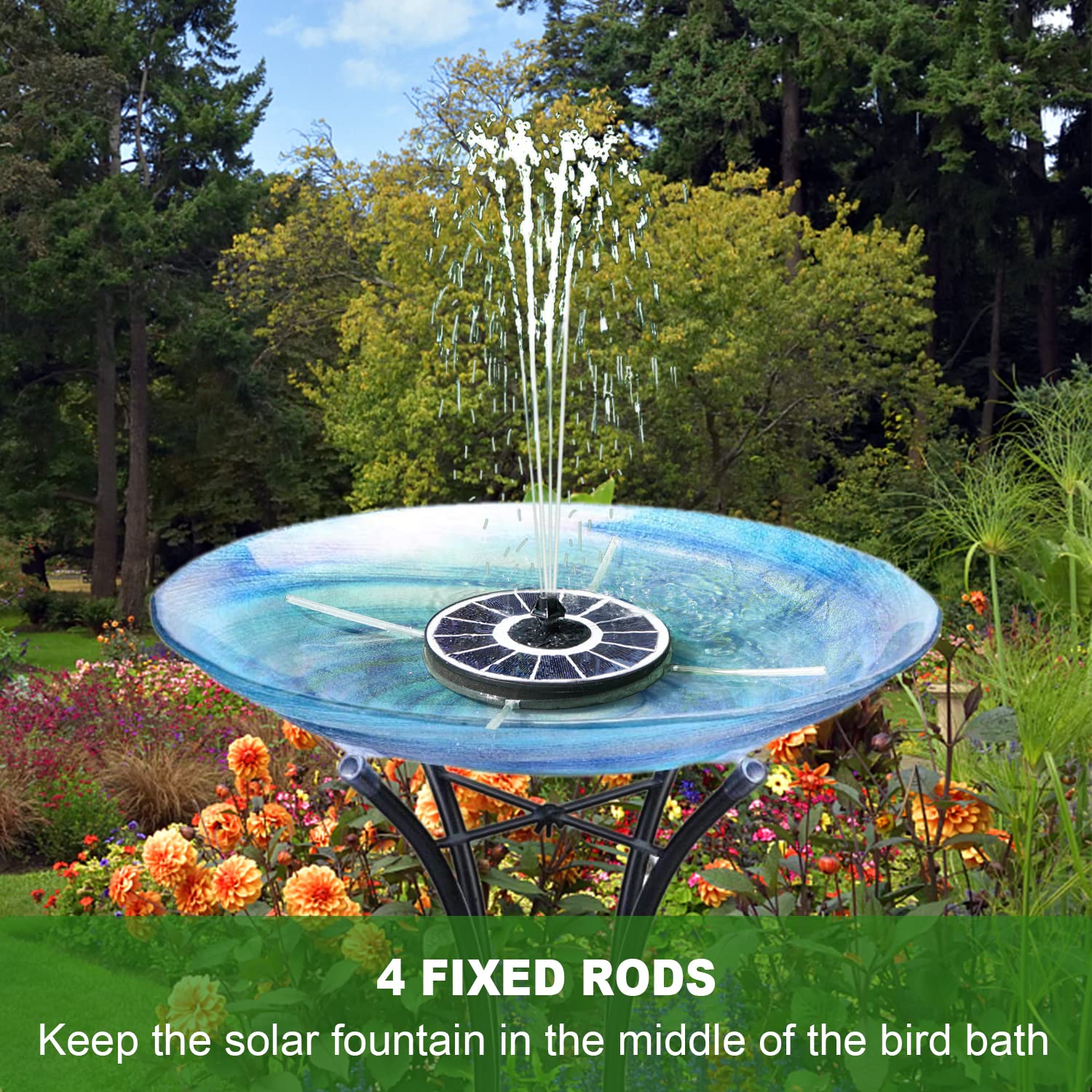 Yzert anti-drift design and fixed rods stabilize the fountain outdoors.