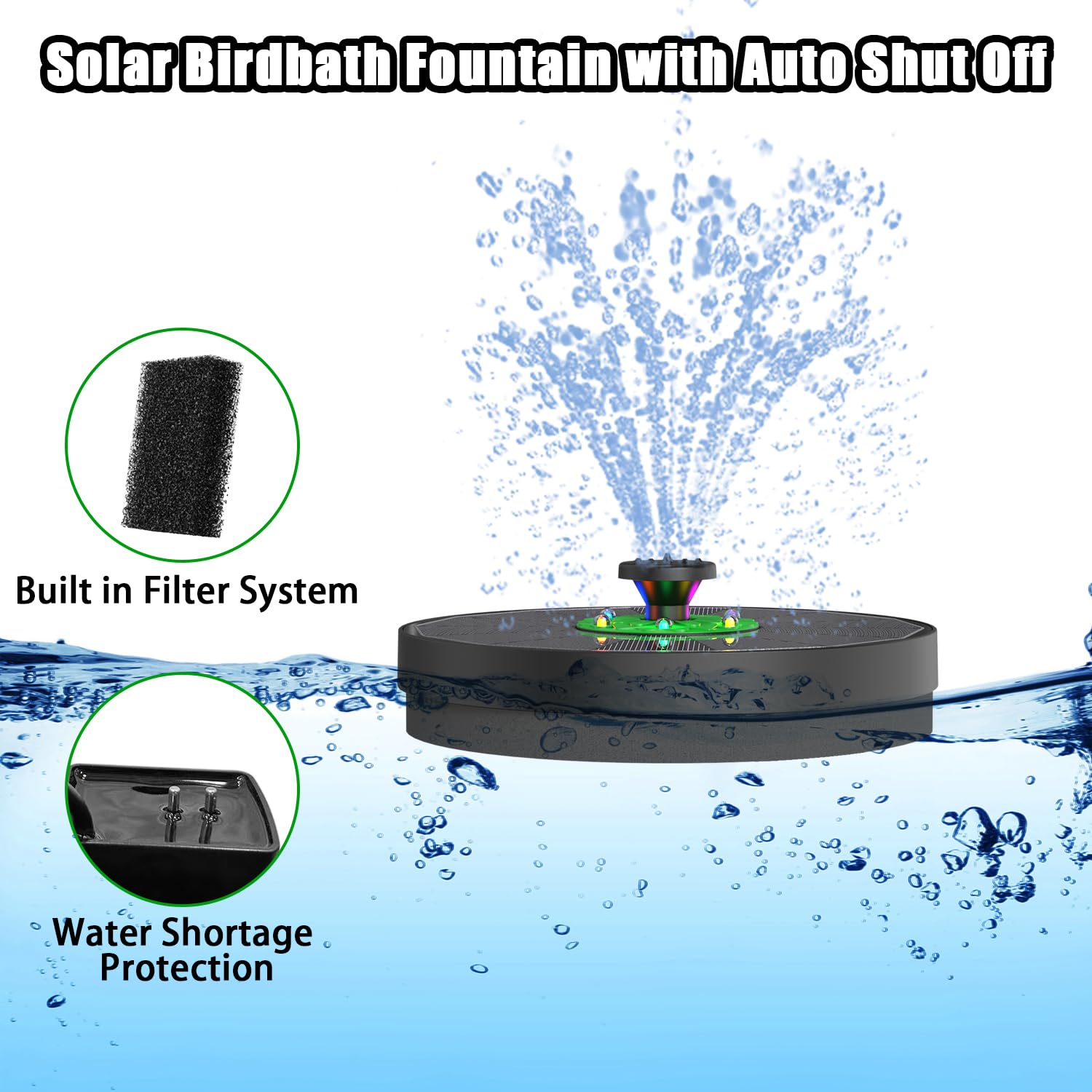 Yzert anti-drift design keeps fountain steady in ponds and birdbaths.