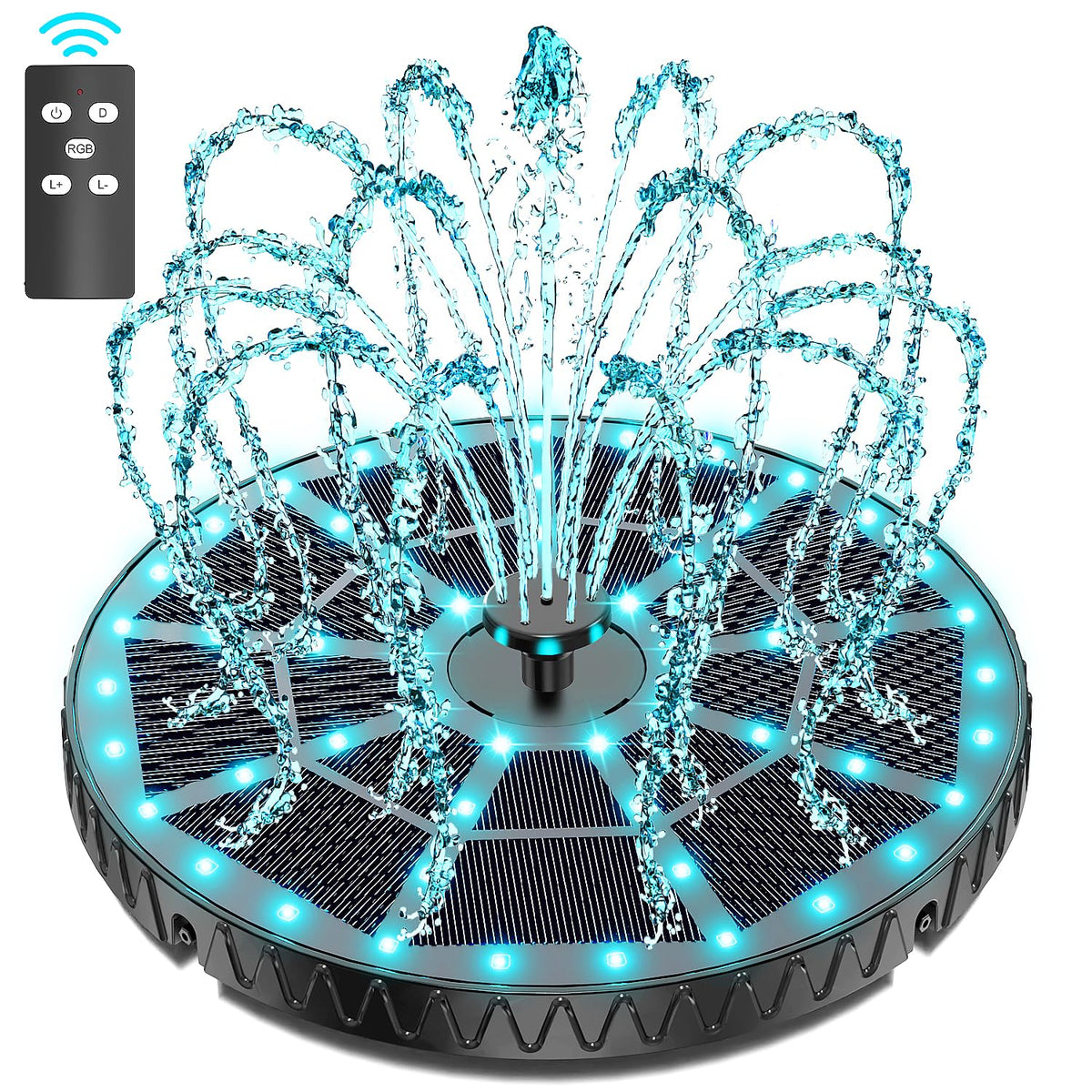 Yzert remote solar fountain showing height-adjustable water spray and color lights for outdoor ambience