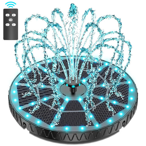 Yzert remote solar fountain showing height-adjustable water spray and color lights for outdoor ambience