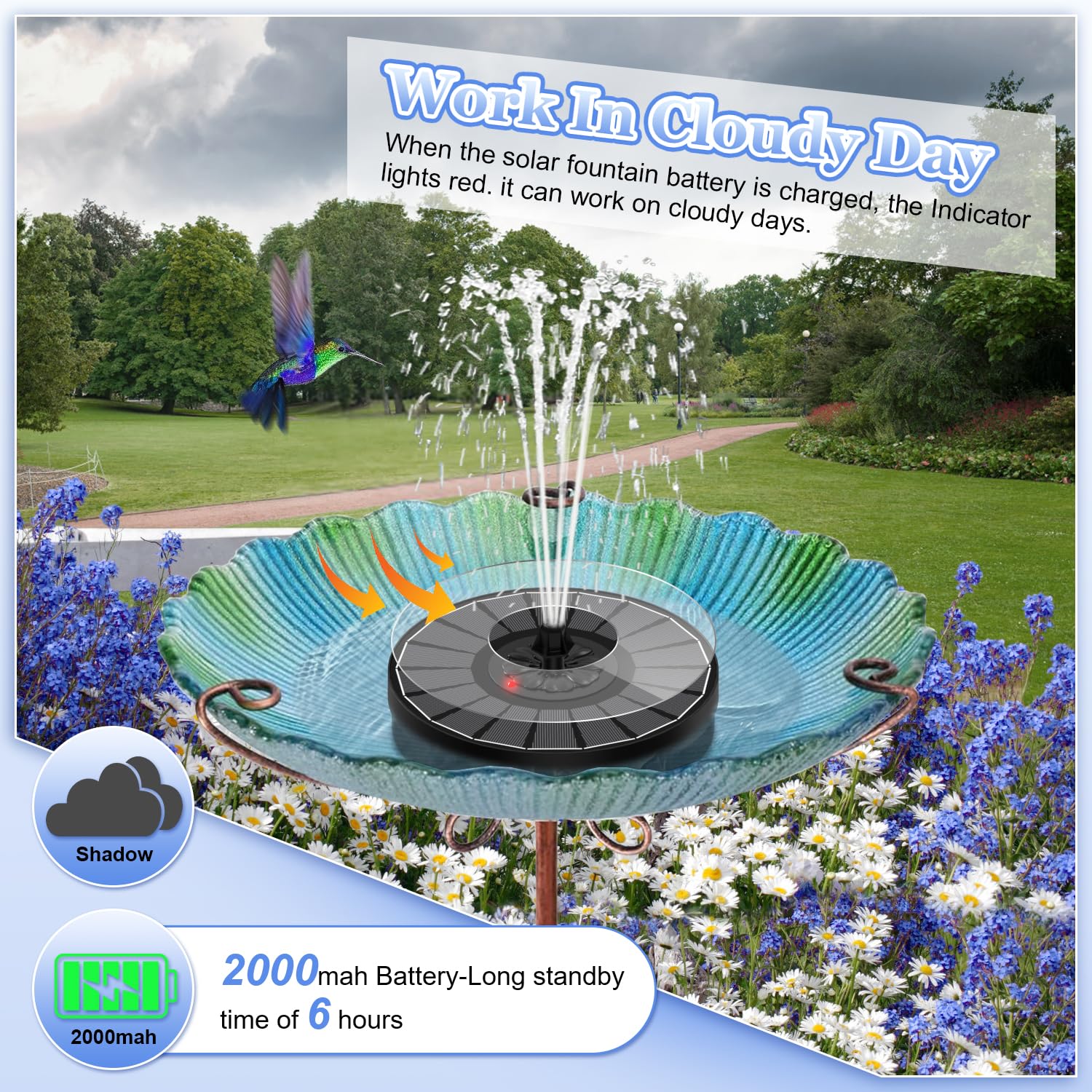 Yzert Solar Fountain 2000mAh battery powers the pump even without direct sun