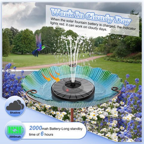 Yzert Solar Fountain 2000mAh battery powers the pump even without direct sun