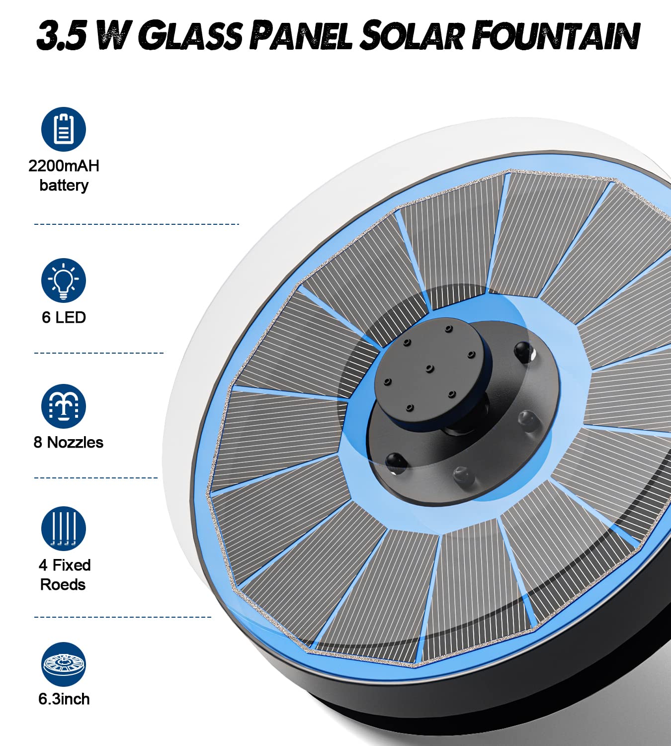Yzert fountain's 2200mAh battery stores daylight power for nighttime display.