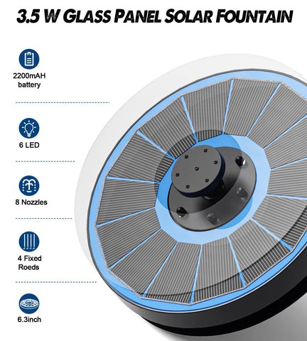 Yzert fountain's 2200mAh battery stores daylight power for nighttime display.
